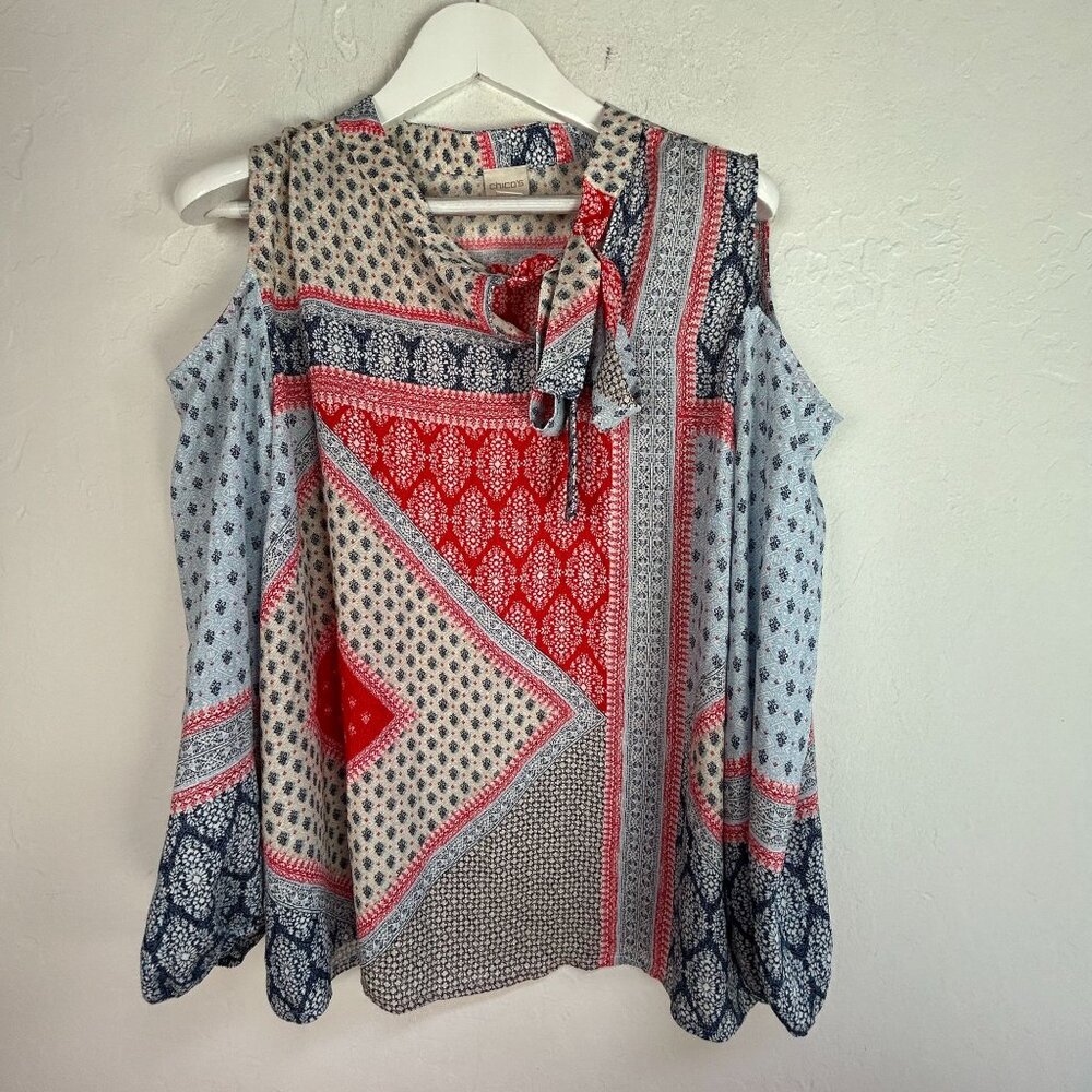 Chico's Women Mixed Print Cold Shoulder Tie-Neck Blouse Top Size 3 Red/Blue NWOT